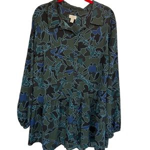 51. LOGO Lori Goldstein Tunic Blouse Blue Teal Floral Collared V-neck Button 2X